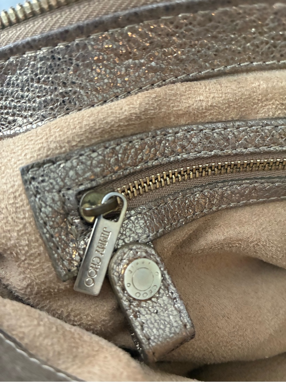 Jimmy Choo Metallic Shoulder Bag — Drawstring & Zip, Silver Hardware, Logo - Picture 10 of 13